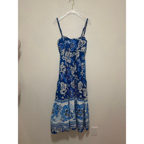 Farm Rio Full of Flowers Organic Cotton Midi Dress Blue Sz Small - Picture 10 of 10